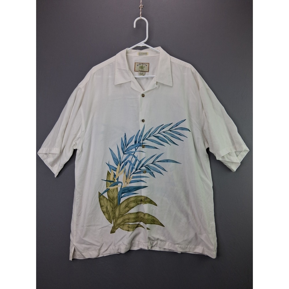 Hibiscus Hawaii Button Up Shirt XL White Rayon Tropical Leaf Aloha Vintage 1304
